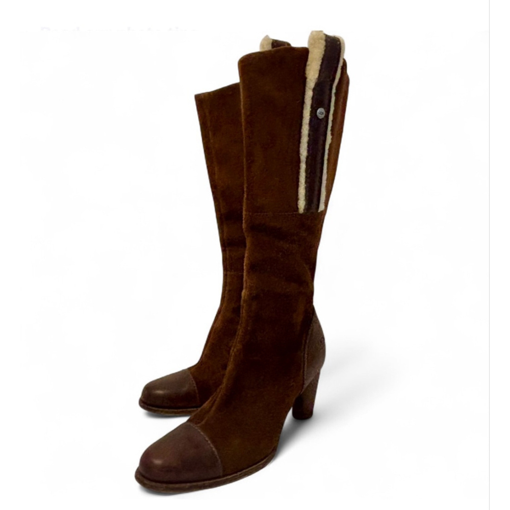 UGG Brown Suede mid calf Heeled Boots with leather details- Size 8.5